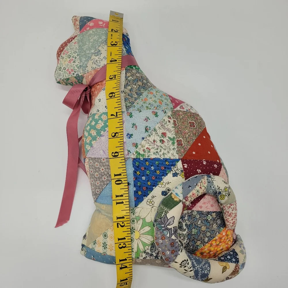 Vintage Patchwork Quilt Cat Pillow Pink Ribbon Cottage Granny Hand Crafted Decor